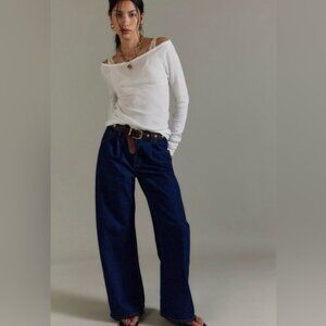FREE PEOPLE Alia Cuffed High Waist Wide Leg Hawthorne Dark Blue Jeans 30 NWT